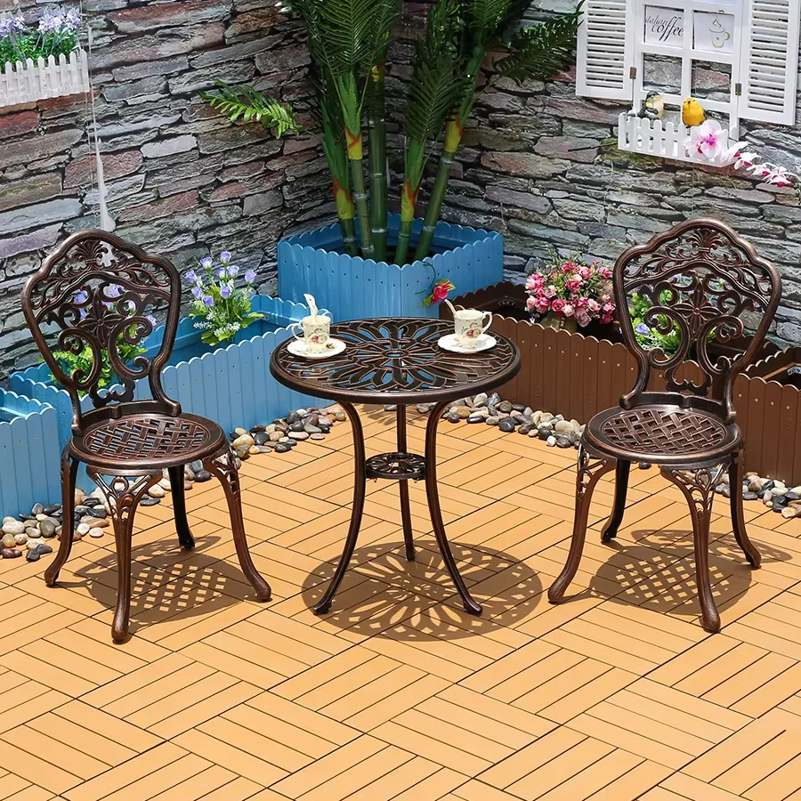 3-Piece Cast Aluminum Table and Chairs Outdoor Bistro Set Orchid Design Rust-Resistant Courtyard Garden Urniture Combination