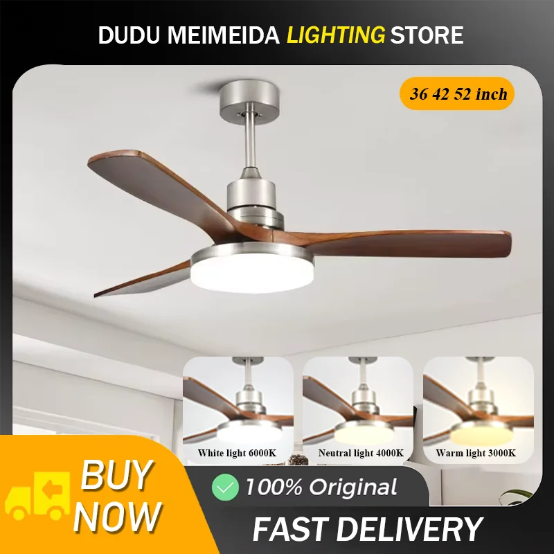 52'' Ceiling Fan Solid Wood 6 Speed DC Motor Ceiling Fan with Big Light Remote Control Indoor Outdoor Ceiling Fan For Bedroom