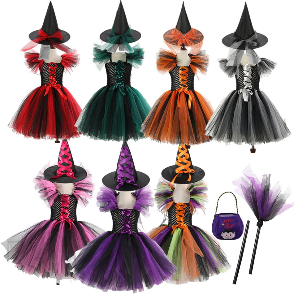 

Witch Girls Halloween Cosplay Tutu Dress Costume Children 2025 Carnival Party Vestidos Fancy Dress Clothing Set Outfit