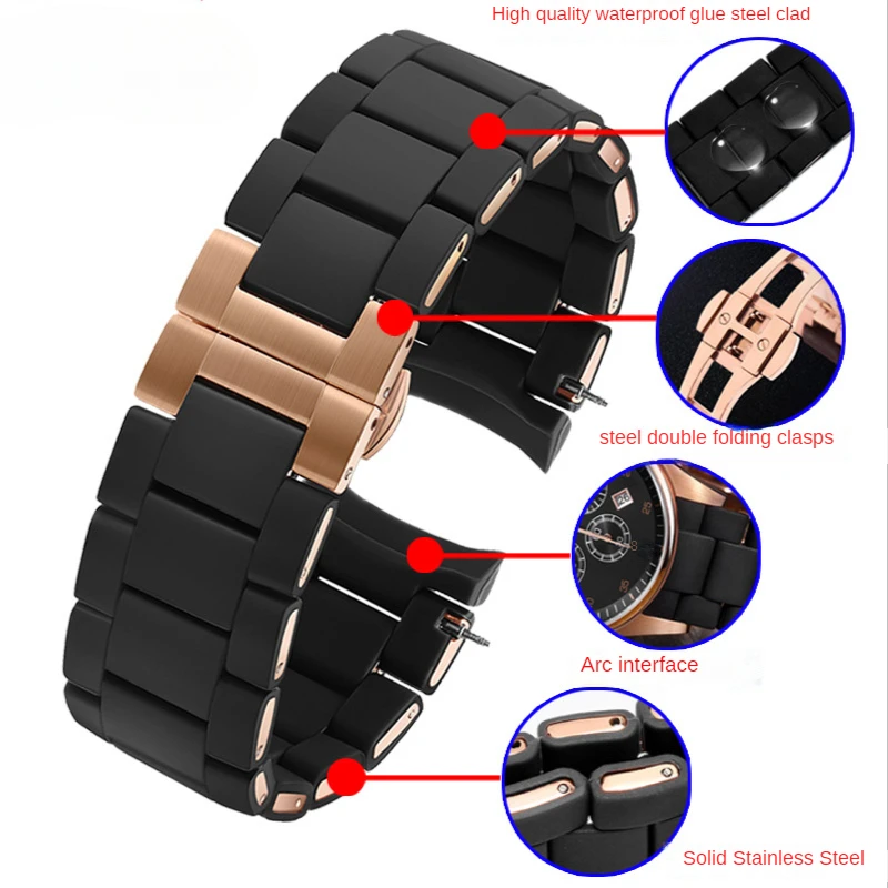 For Armani AR5890 5891 5906 5905 Waterproof Special Rubber Watch Strap Replace Bracelet Fashion Silicon Clad Steel Watch Band