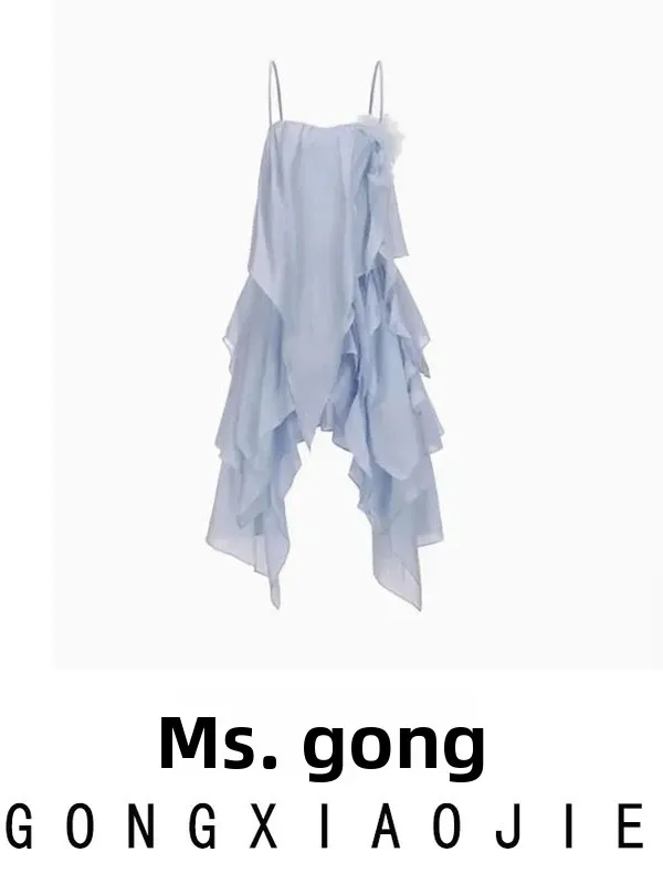 Unikatowy Piękny Niebieski Wielowarstwowy Kwiatowy Pasek Dr Holiday Sle Delikatny Nierówny Dół ort Dr Damski Letni Casualowy Dr