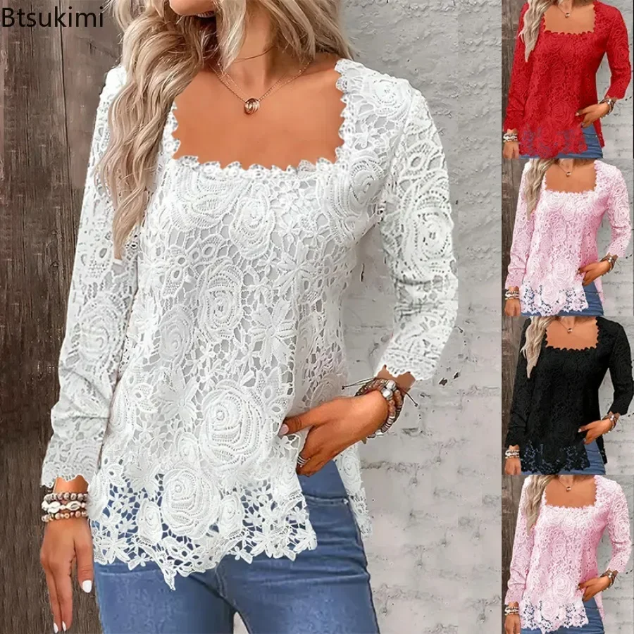 

2025Women's Neck Lace Shirt Autumn Winter Comfortable Casual Commuter Pullover Blouse Elegant Female Solid Bottoming Tops Shirts