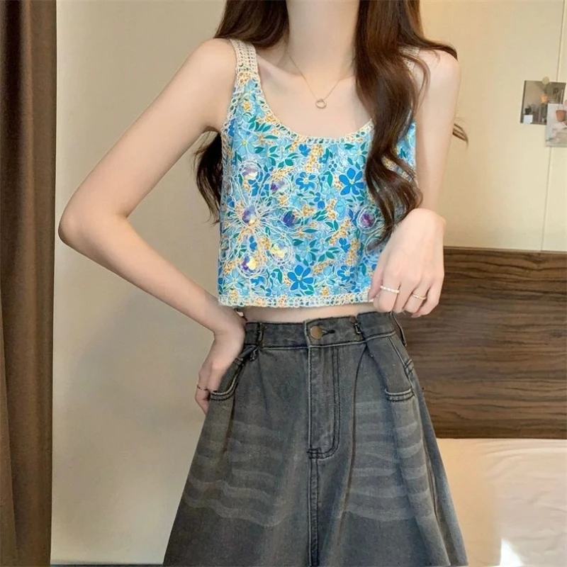 Retro geborduurd bloemen pailletten vest jarretel T-shirt voor dames in de zomer Veelzijdige korte top