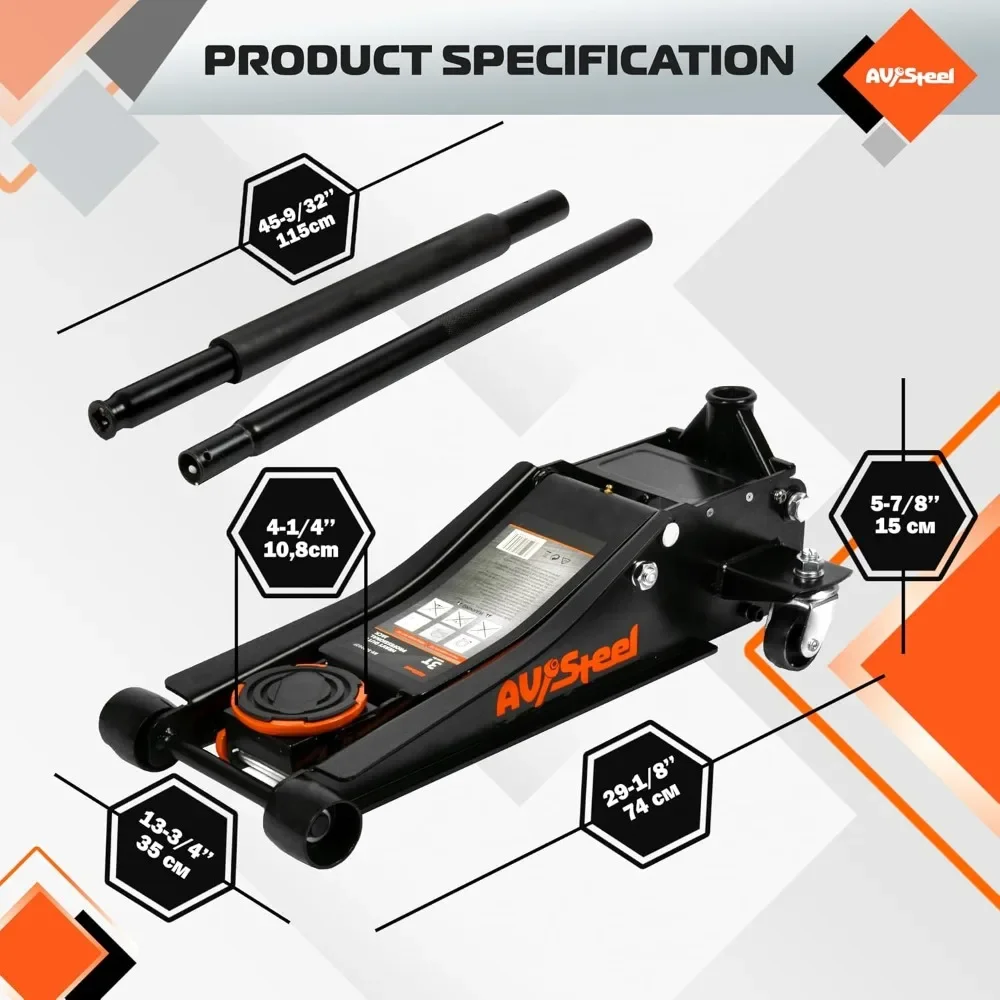 3 Ton Low Profile Floor Jack, 6600 lbs Heavy Duty Hydraulic Car Jack with Dual Pistons Quick Lift Pump, Lifting Range 3-1/8" to 19-7/8" view 3
