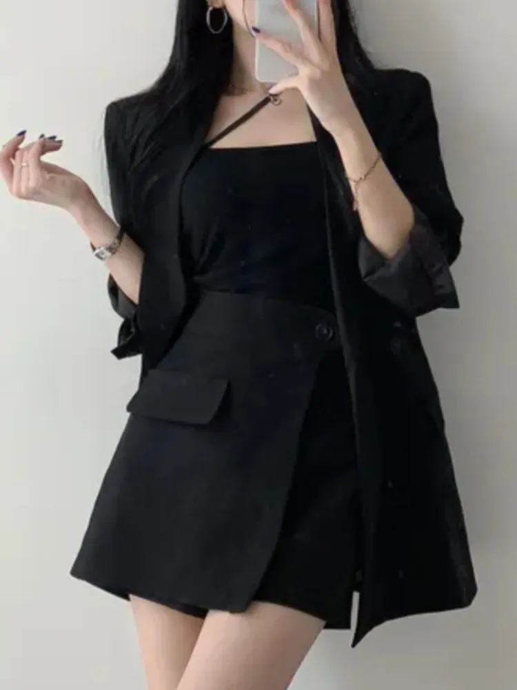 Women Vintage Solid Chic Blazer Skirts Suit Summer Casual Elegant Business Coat Mini Saya Outfits Female Formal Two Pieces Set