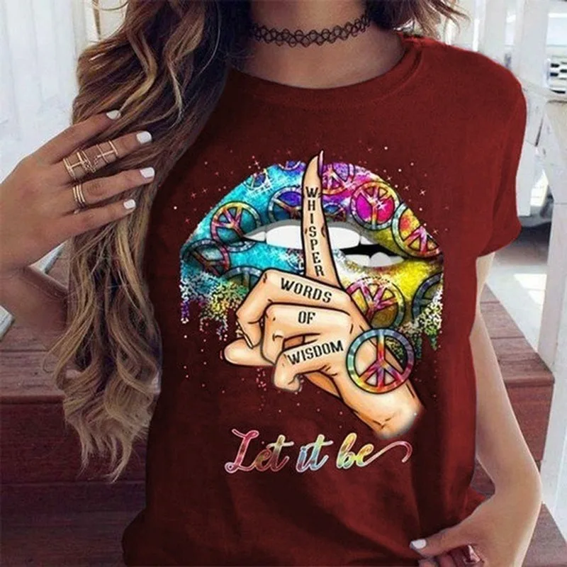 

LET IT BE Colorful Lip Print T Shirt Women Short Sleeve O Neck Loose Tshirt Summer Women Tee Shirt Tops Camisetas Mujer