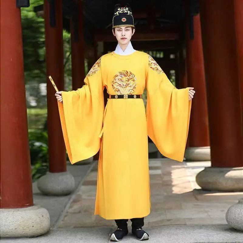 Hanfu Classico con Ricamo Drago Giallo, Abito Tradizionale Cinese Tang Song con Collo Tondo per Uomo e Donna, Costume per Eventi e Carnevale