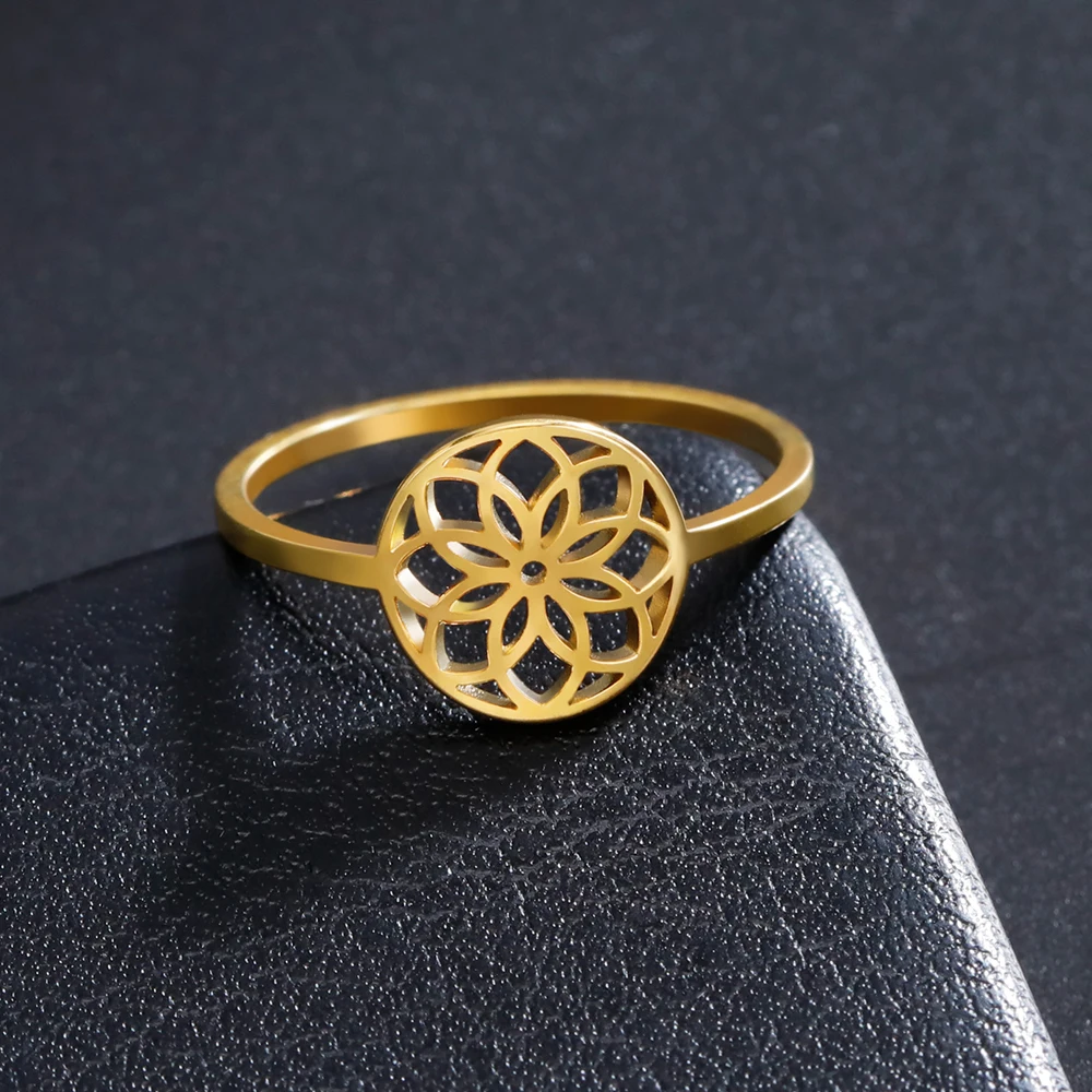 LIKGREAT Women Flower of Life Ring Stainless Steel Sacred Geometry Fashion Finger Rings Vintage Amulet Jewelry Birthday Gift New