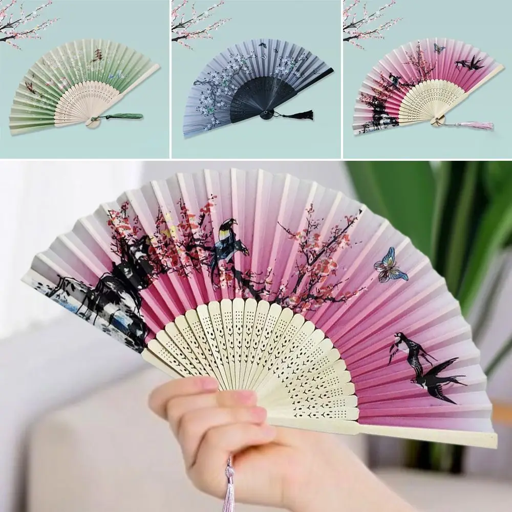 High Quality Silk Vintage Folding Fan Colorful Tassel Elegent Hand Fan Bamboo Hand Fan Shank Classical Dance Fan Female