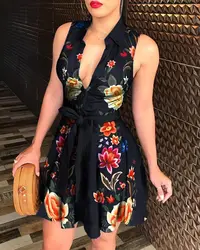 Vestido estampado sin mangas para mujer, Falda corta con dobladillo grande, elegante, Sexy, a la moda, con tirantes y cuello en V, gran oferta, Verano