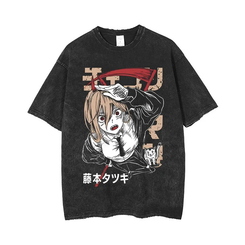 Anime Láncfűrész Férfi ACID tshirt retro évjárat washed Imprimé kelme Grafikus T Ing Nők harajuku Gyapot Alkalmi Porhanyós Ingujj tshirt