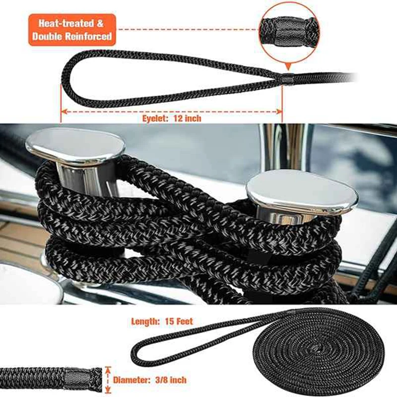 4Pcs Double-Braided Nylon Dock Line Boat Ropes(3/8 Inchx15ft),Marine Mooring Rope Dock Line For Docking Boat Accessories