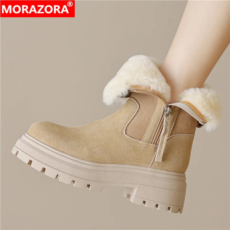 MORAZORA 2024 New Suede Leather Snow Boots Women Zipper Platform Winter Boots Solid Color Ladies Ankle Boots For Women Shoes