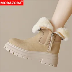 MORAZORA 2024 New Suede Leather Snow Boots Women Zipper Platform Winter Boots Solid Color Ladies Ankle Boots For Women Shoes