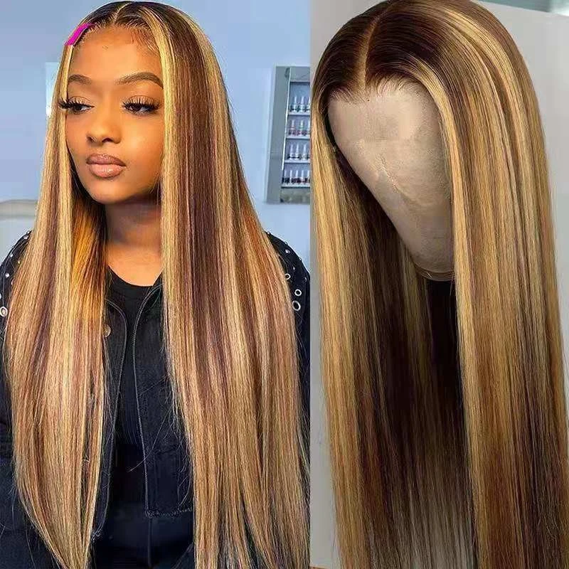 New for Women, Brown-Gold Gradient Long Straight Hair, Rose Net Wig