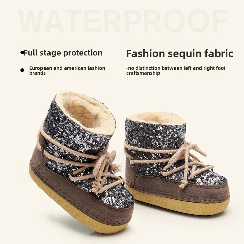 Kids Snow Boots Winter Warm Fur Lining Sequins Short Boots Ski Space Boots for Girls