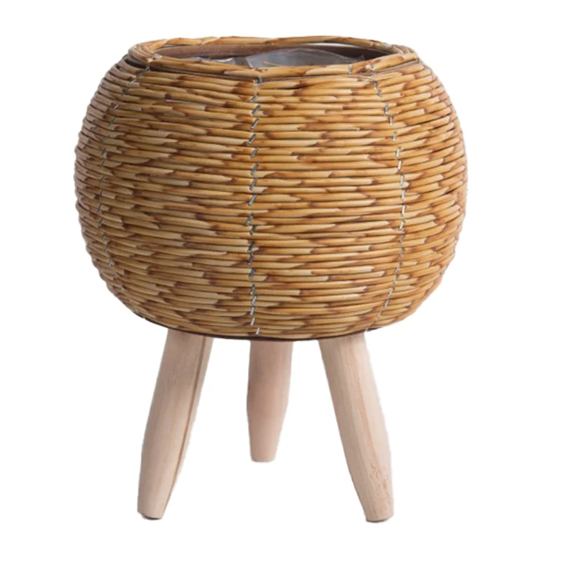 Classy-Vintage Imitation Rattan Woven Flower Shelf Planters Handmade Storage Basket With Wooden Legs Plant Pot Stand Holder Dura