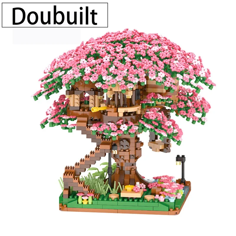 Doubuilt Mini Sakura Tree House 2138pcs Build Block City Street View Cherry Blossom Model Building Blocks Toys Children Gifts