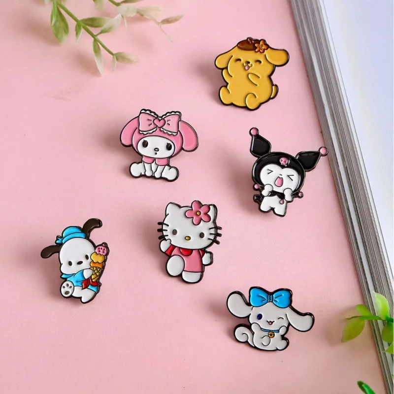 

6PCS Kuromi Kitty Cat Cinnamoroll Pochacoo Pudding Dog Melody Metal Badge Cute Brooch