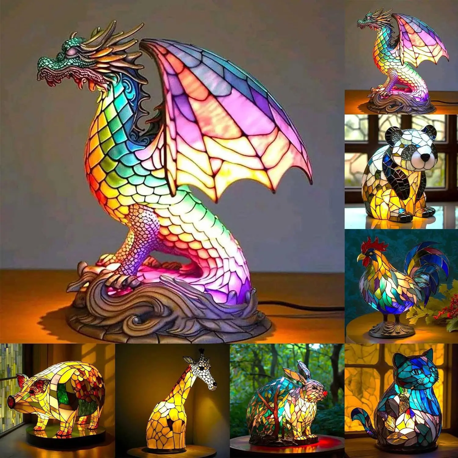 Animal Table Lamp 3d Stained Resin Animal Shape Night Light Elephant Dragon Desktop Ornaments Bedroom Night Light Christmas Gift