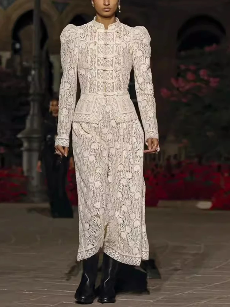 

Роскошный ажурный наряд с вышивкой, весенний женский однобортный топ с воротником-стойкой + свободная юбка с высокой талией, женский комплект из двух предметов