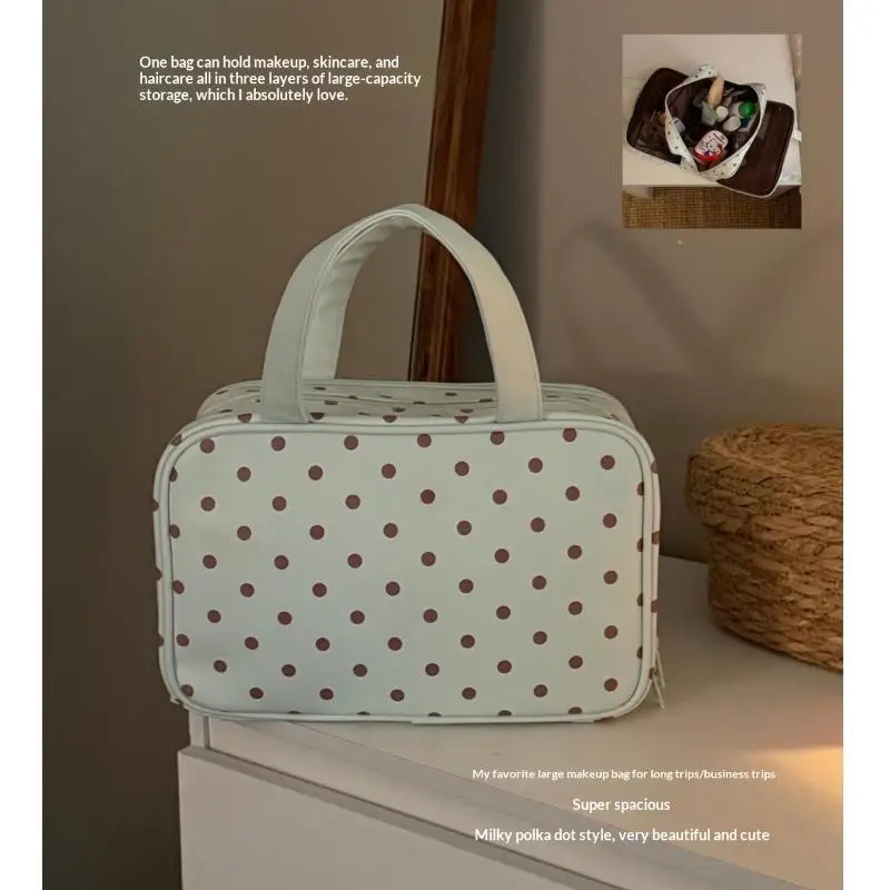 Gepunktete Handtasche für Make-up Multifunktionale Dreischichtige PU-Kosmetiktasche mit Großer Kapazität Wasserdichte Reisetasche – Detail 3