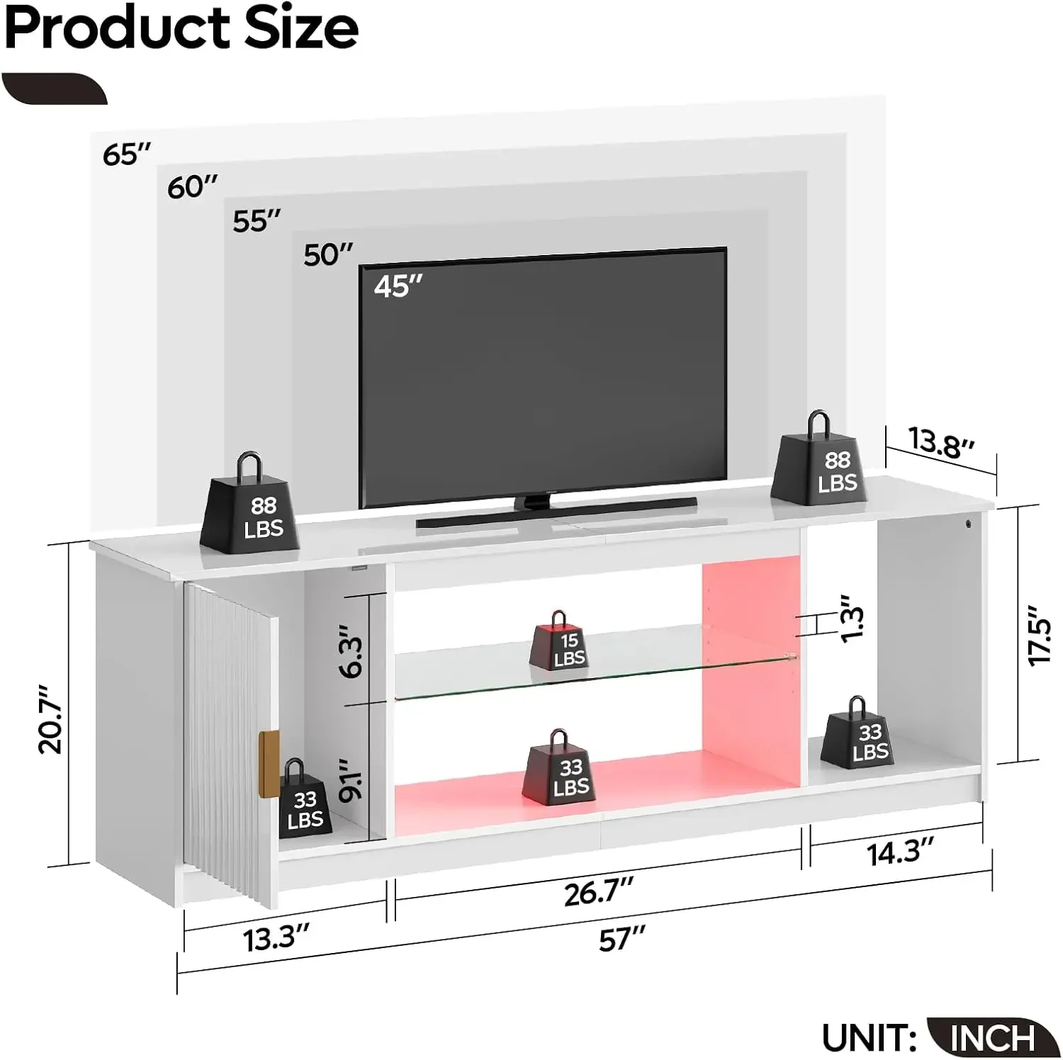 Glossy Fluted TV Stand for 65 Inch TV, Gaming LED Entertainment Center with Cabinet for PS5 Xbox, TV Console with Adjustable Gla