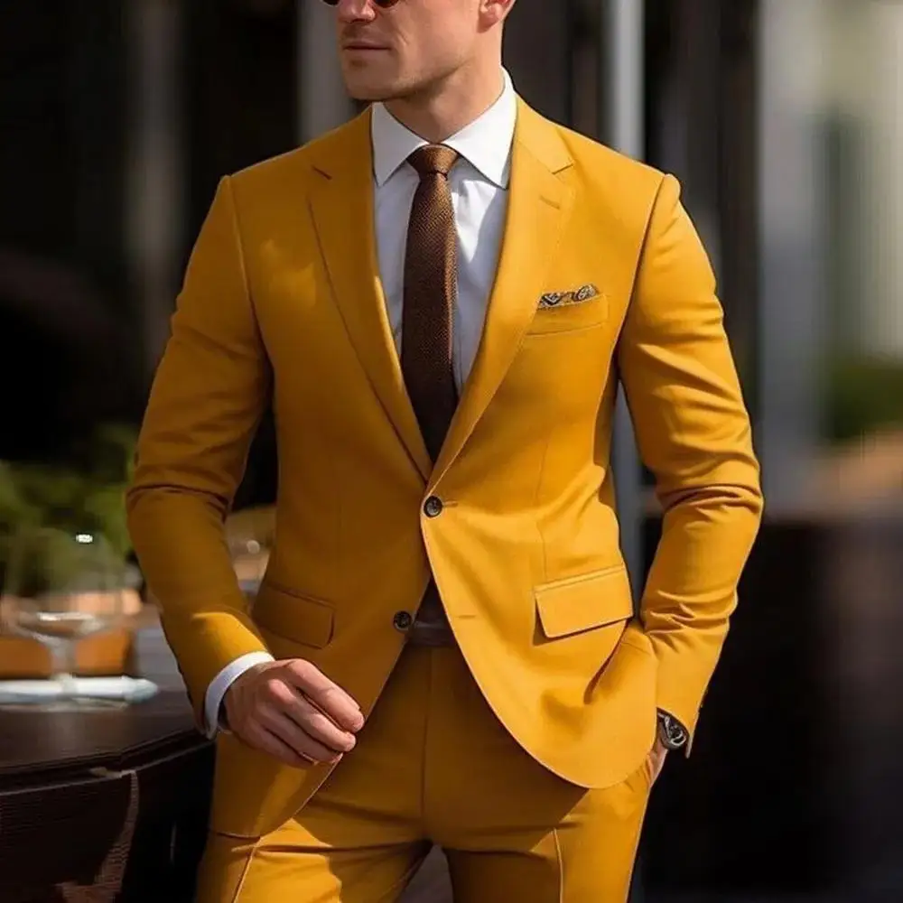 

High Quality Men Suits Yellow Single Breasted Skinny 2 Pieces Jacket Pants Set Formal Wedding Outfits Costume Homme