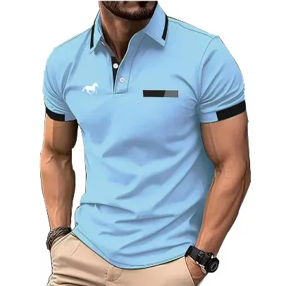 Camisa polo masculina masculina estampa de cavalo listrado guarnição polo camisa de manga curta básica moderna cor sólida camisa de golfe roupas masculinas