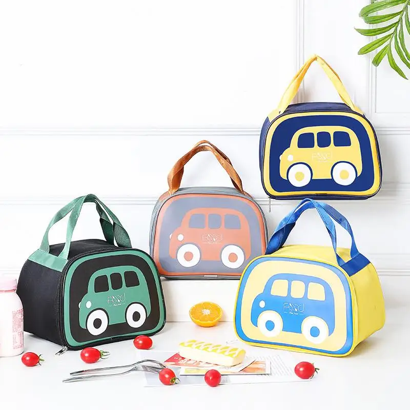 厚手アルミ箔製携帯ランチバッグ-小学生向け-漫画車デザイン-保温保冷食事用パッケージ