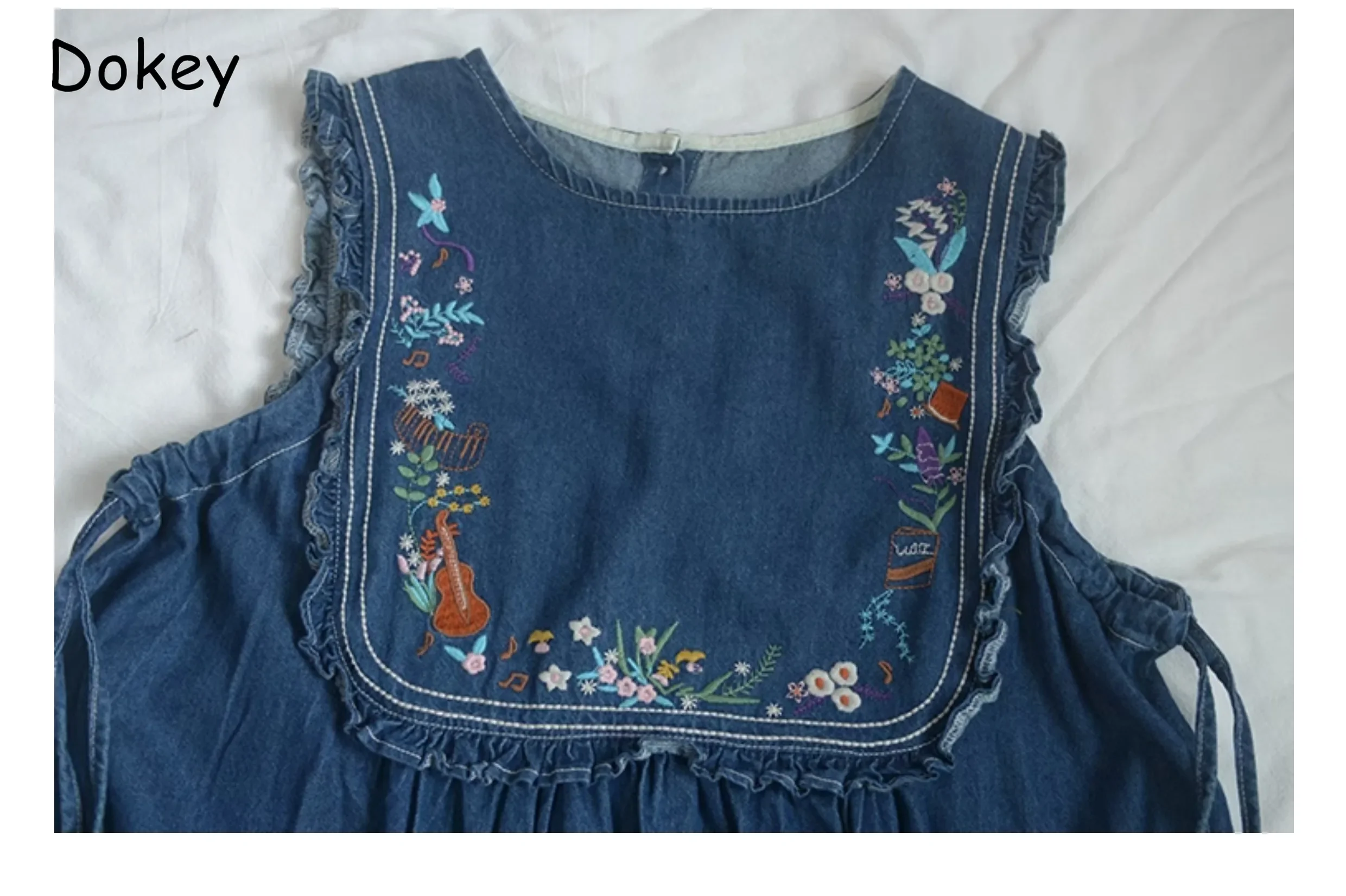 Abito Vintage con bretelle in Denim ricamato donna giapponese Mori Girl Ruffle Jeans senza maniche abito tuta dritta allentata
