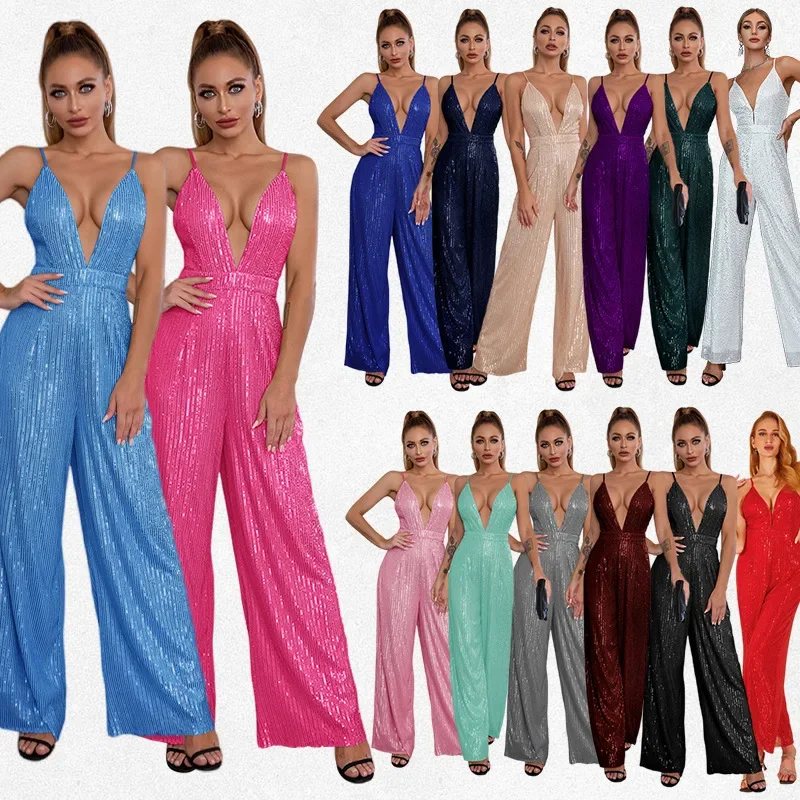 Sequin Sleeveless Wide-leg Pants Solid Color Jumpsuit Spice Girl Deep V Backless Suspender Jumpsuit Spring And Summer New Design