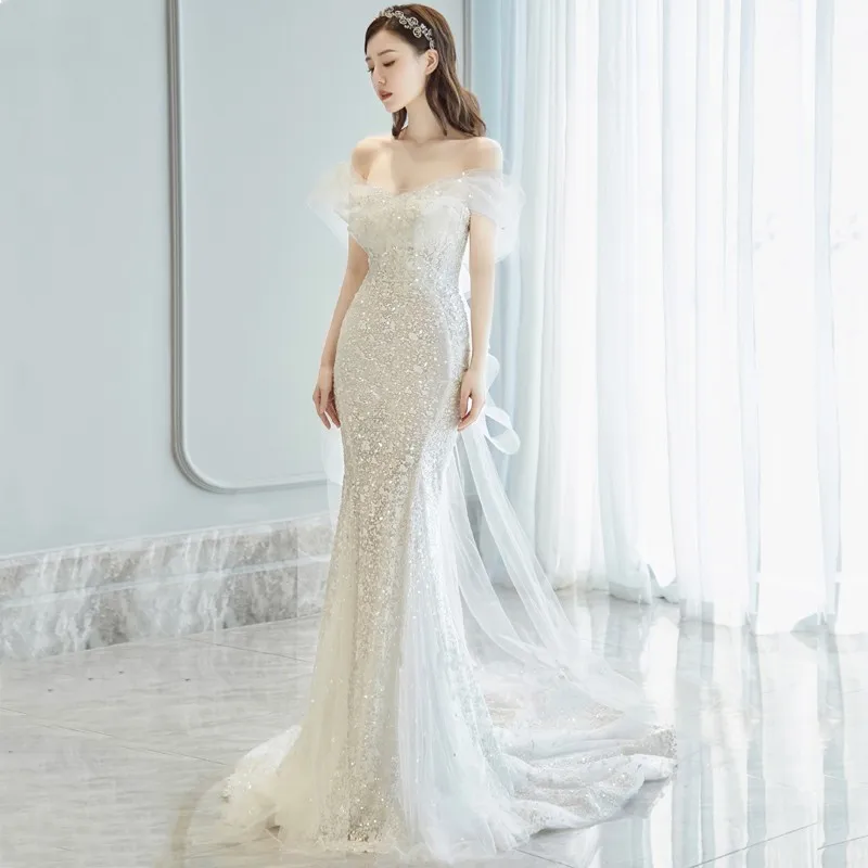 Vestido De novia elegante con hombros descubiertos, vestido De graduación De sirena con un tren pequeño, vestido De banquete brillante, novedad De 2023