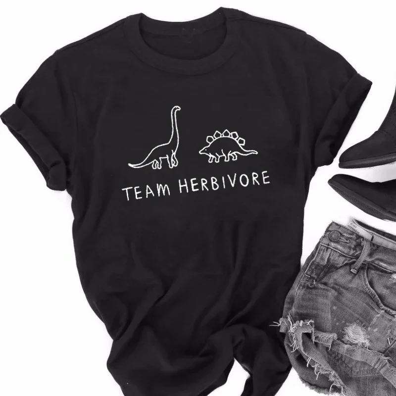 T-Shirt Unisex Vegan Tee    Women Men t shirt white t-shirt tshirts Black tee TEAM HERBIVORE Dinosaur Print Tops