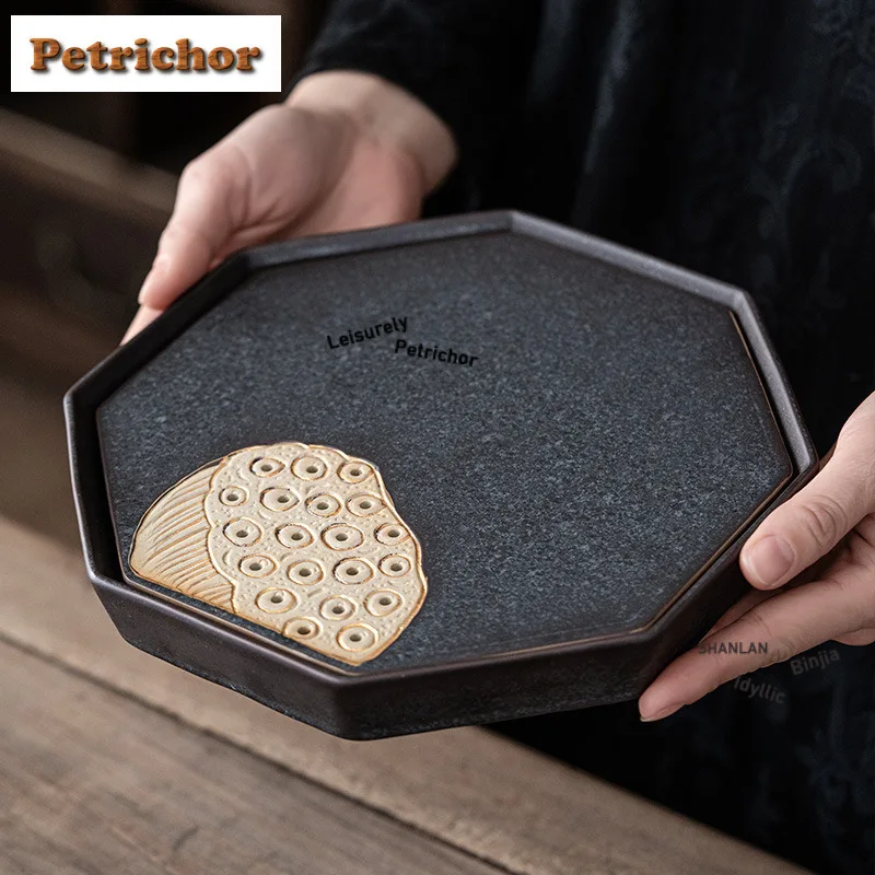 

Золотой рисунок стручка лотоса, восьмиугольный поднос для чая, десертный поднос для конфет, доска для хранения кофе, чайник, плита, изоляционная посуда для сервировки ча