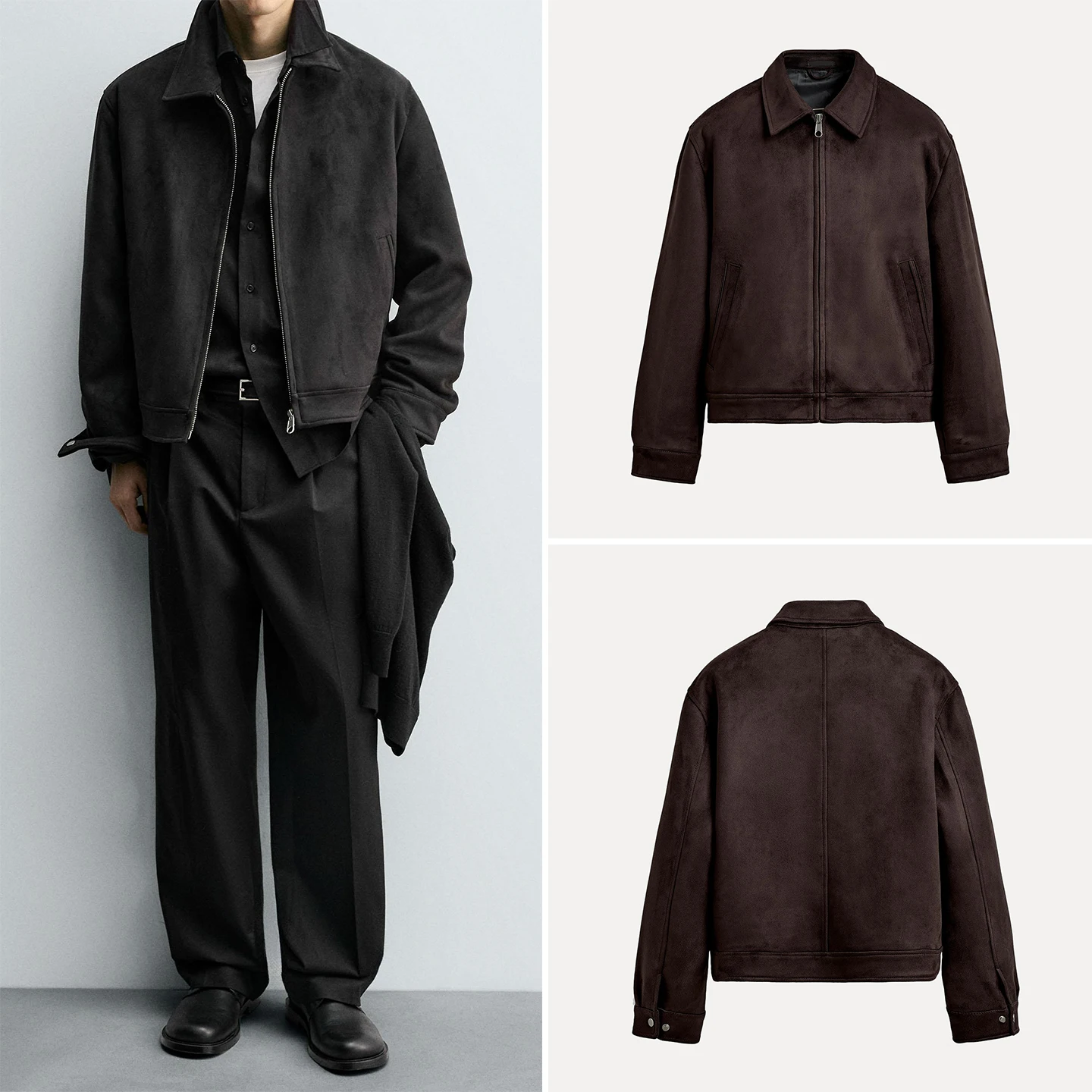 

Ele бархатная текстура, приталенное прямое пальто-туэт для мужчин, осень 2024, Новое поступление, повседневное длинное пальто на молнии с застежкой-молнией