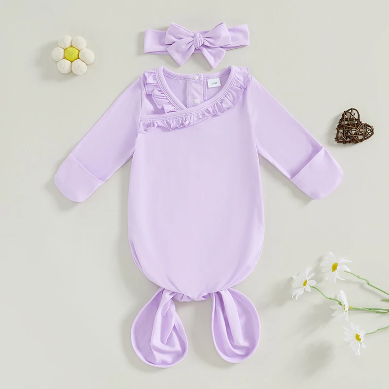 Infant Girl Long Sleeve Ruffle Trim Sleep Sack with Matching Headband - Newborn Baby Wearable Blanket Set