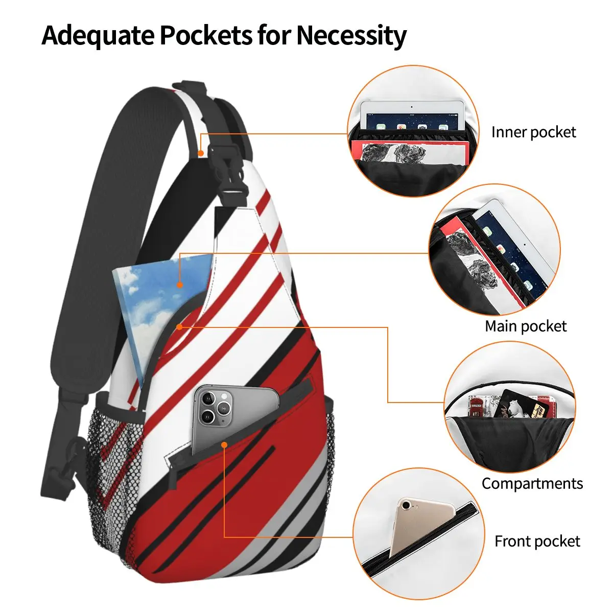 Diagonal Stripes Red Abstract Small Sling Bag Chest Crossbody Shoulder Sling Backpack Outdoor Sports Daypacks Geometric Pattern