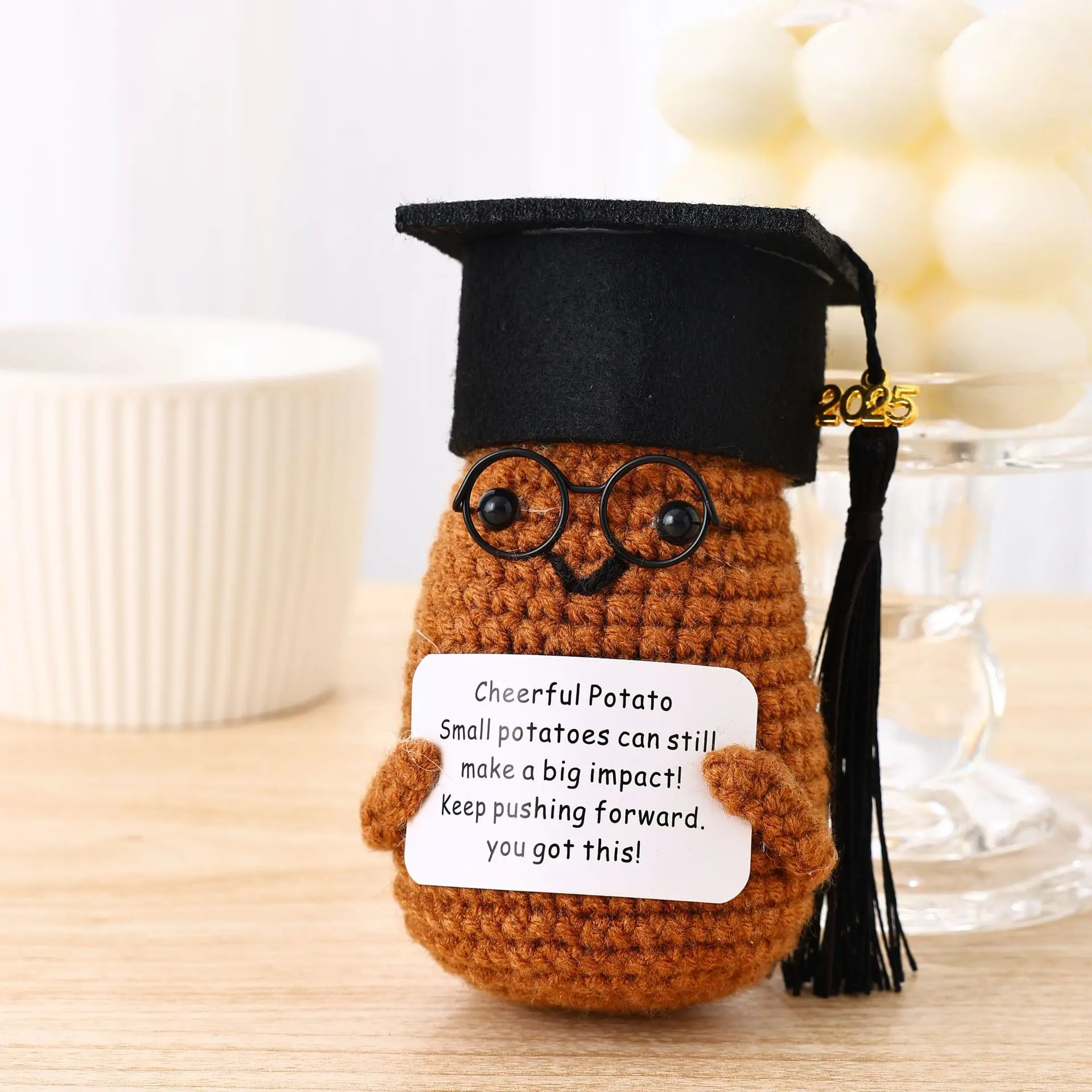 Positive Energy Graduation Hat Glasses Potatoes With card Home Room Decor Handmade Knitted Cucumber Pumpkin Doll Christmas Gift