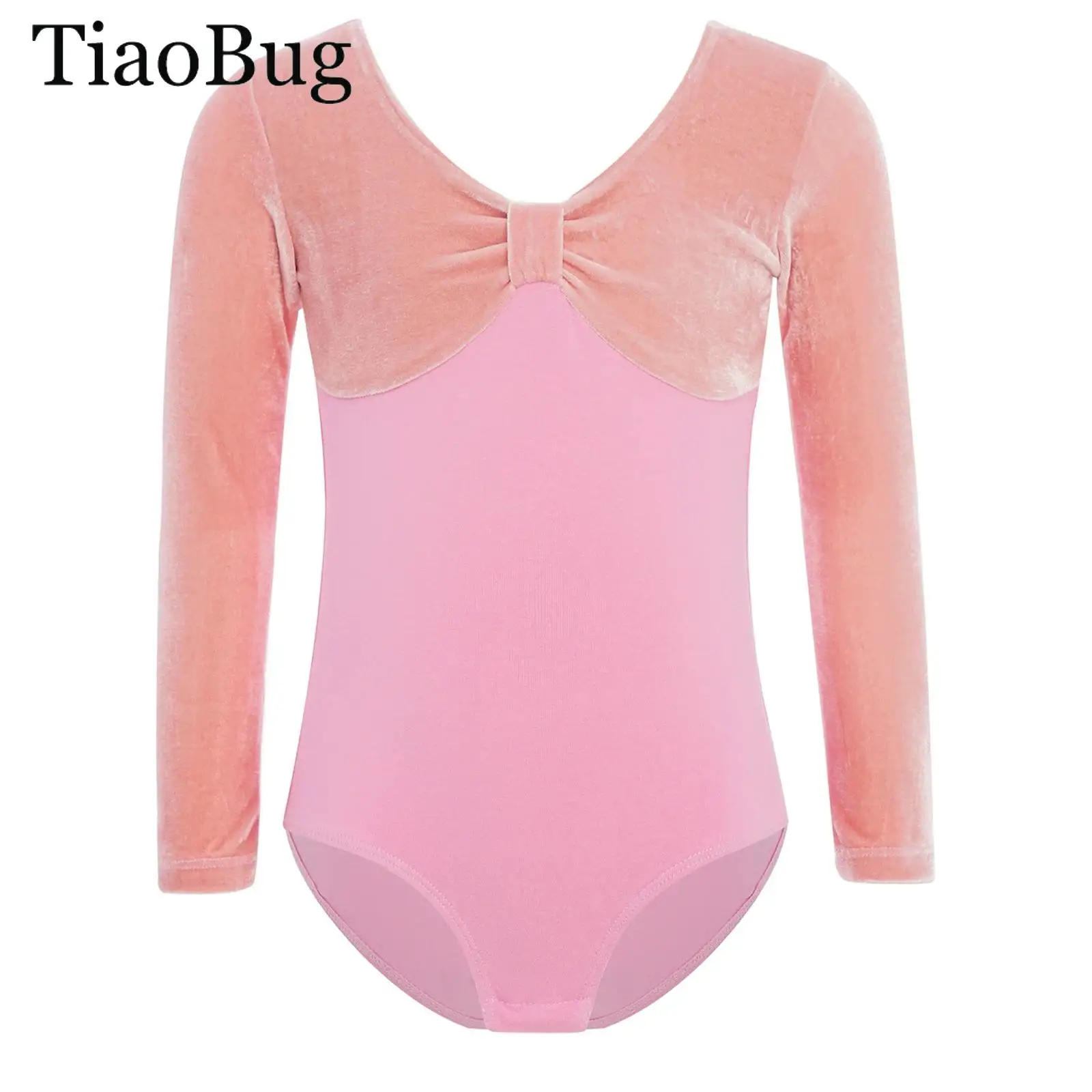 

Kids Girls Front Knot Velvet Patchwork Ballet Leotard Long Sleeves Gymnastics Bodysuit Ballerina Dancewear Practice Clothing