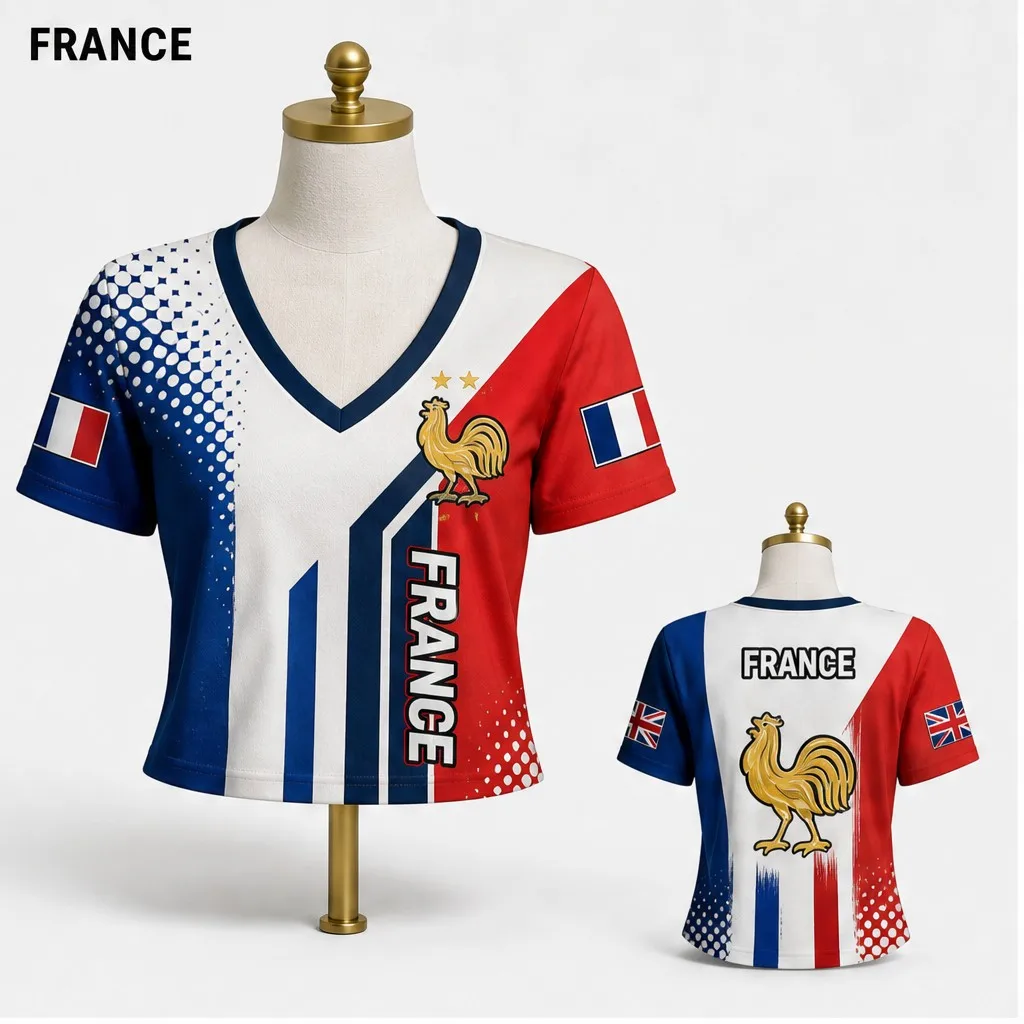 Womens V Neck Crop T Shirt France Rooster Dot Stripe Graphic Short Sleeve Paris Street Casual Summer Slim Top Style Tee New Wear