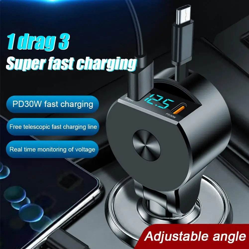 

PD30w 3 IN 1 Retractable Car Charger USB Type C Cable For IPhone Fast Charge Cord Cigarette Lighter Adapter