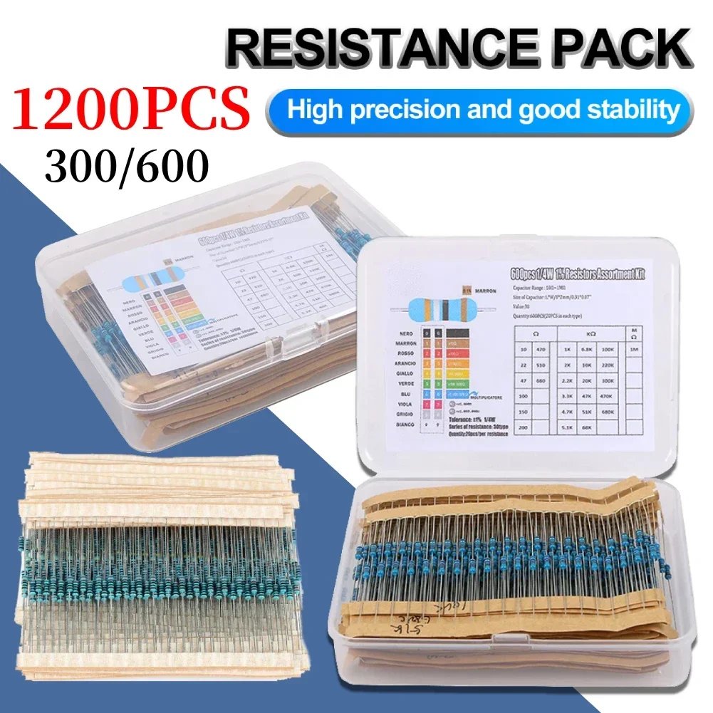 300-1200PCS Metal Film Resistor Pack Assorted Kit 30 Kinds 10R-1M Resistance 1/4W Resistance 1% Mixed Metal Film Resistance Pack