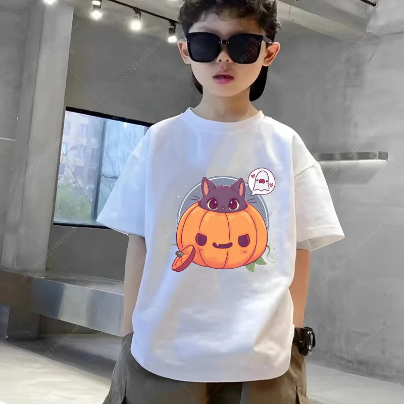 New Halloween Cute Cat Graphic Witch Hat Pumpkin for Kids Girls T-Shirt Round Neck Casual Daily Summer Tees Boy Streetwear Tees