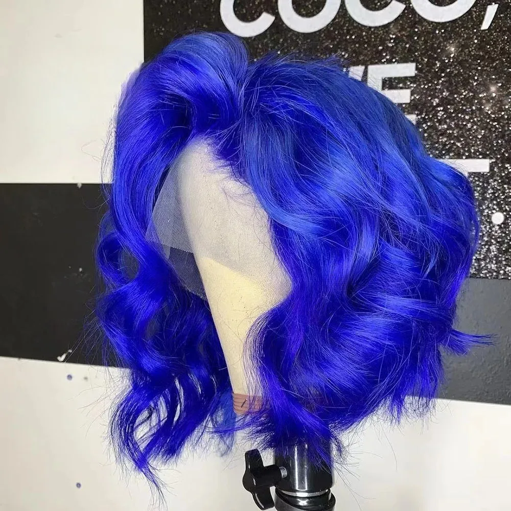 블루/블론드/블랙 가발 숏 보브 레이스 프론트 가발 바디 웨이브 레이스 프론탈 가발 13x4 HD 투명 글루리스 합성 일상 코스프레용