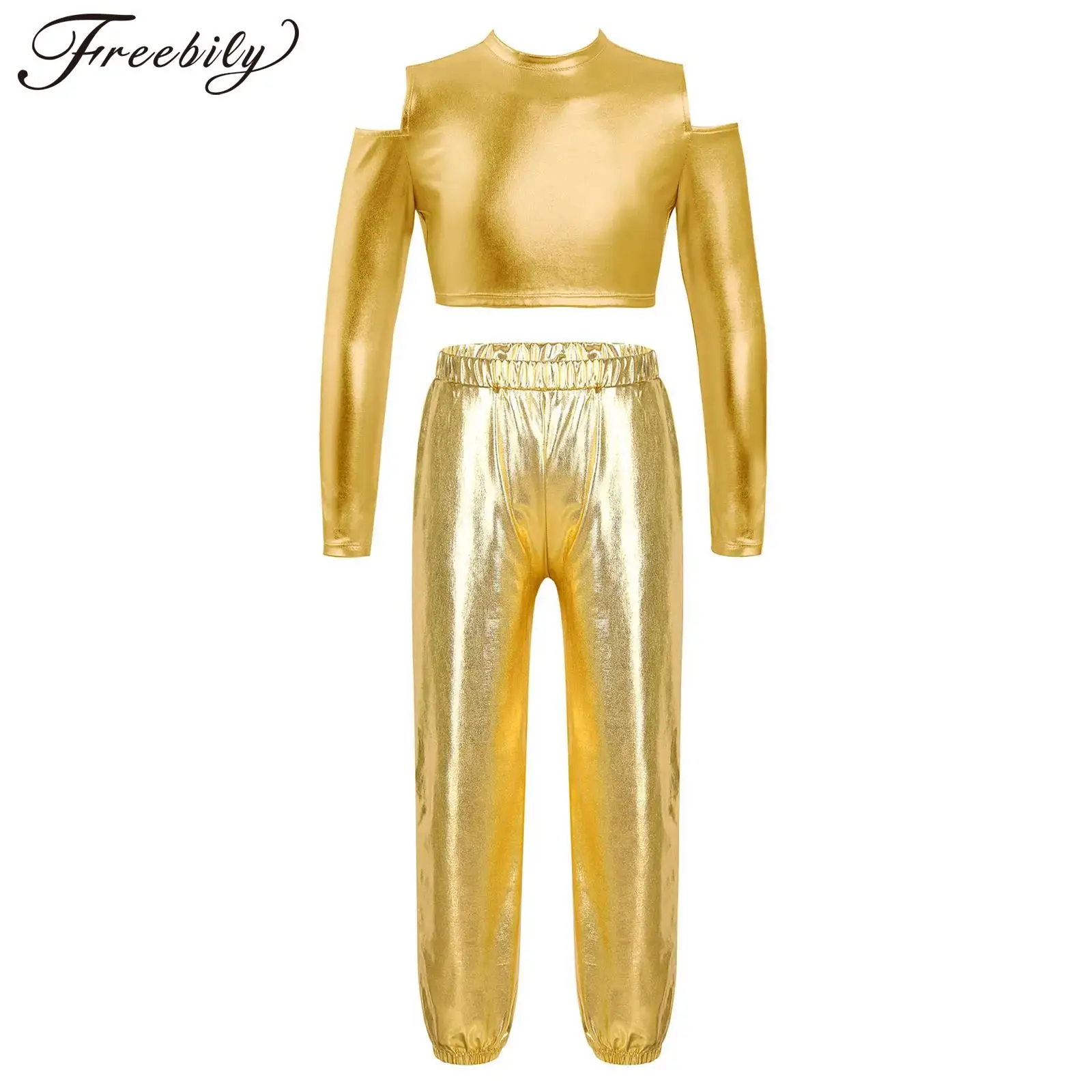 Kids Girls Hip Hop Jazz Dance Performance Outfit Metallic Long Sleeve Cold Shoulder Crop Top with Pants for Sports Gymnastics