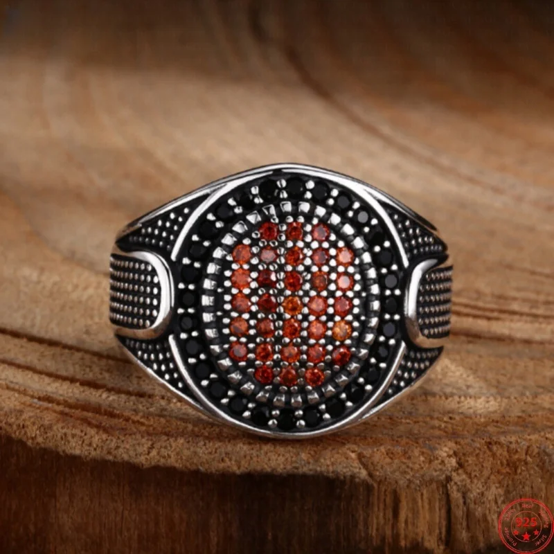 S925 Sterling Silver Charms Rings for Men Women Ethnic Style Pattern Micro Red Black Zircon New Fashion Jewelry