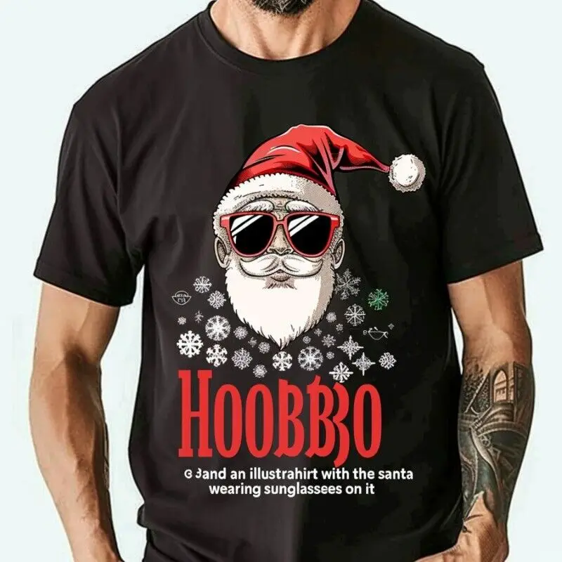 

Santa Cool Vibes Black T Shirt 'Hohobro' Graphic Tee with Sunglasses Wearing