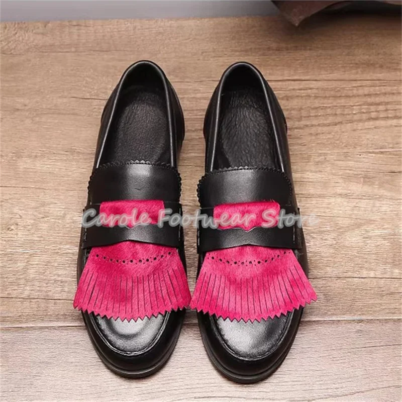 

Модный дизайн, мужская повседневная обувь, разноцветные лоферы из натуральной кожи для мужчин, декор с кисточками, круглый носок, массивный каблук, неглубокие лоферы