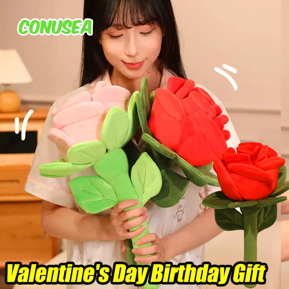 Kawaii Plush Rose Flower Pillow Toy Plushie Stuffed Doll Room Decorative Valentine's Day Anniversary Birthday Gifts for Girls